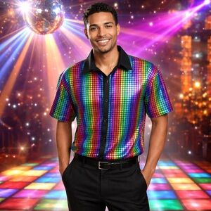 💖 Jogal Shiny Brilliant Multicolor Geometric Short-Sleeved Shirt, Size L